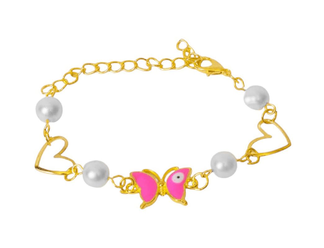 Stainless Steel Bracelet with Synthetic Pearl Cloves and Butterfly Pendent for Women - White Pink