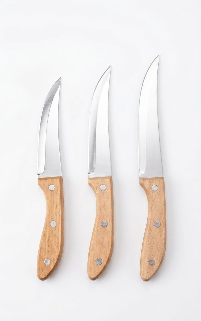 Kitchen Knife Set, 3 Pieces, Stainless Steel, Wooden Handle, Multi Use for Meat, Vegetables and Fruits