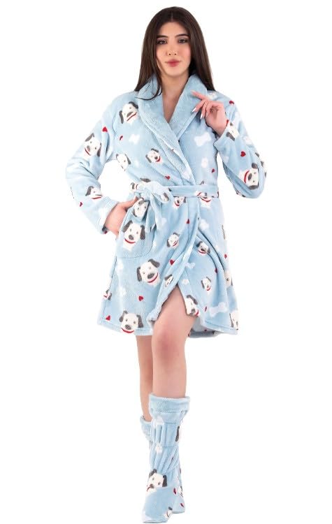 Dadosh Women's Bathrobe Soft Bathrobe Warm Winter Nightsuit Pink Blue with Matching Socks Women Nightgown