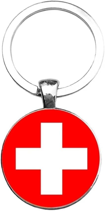 Swiss Flag Keychain, Round Metal Design, 5 x 4 cm Pendant, Unisex Accessory