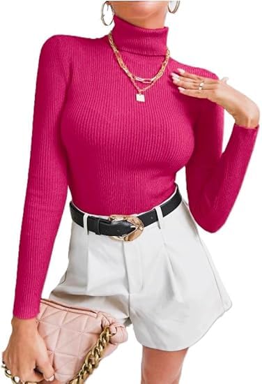 Womens Ribbed High Neck Long Sleeve Blouse Red Green Grey