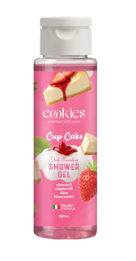 Cookies Cup Cake Shower Gel 250ml - Nourishing Body Wash with Vitamin E, Jojoba Oil, Aloe & Shea Butter | Premium Italian Formula, 250ml - Sweet Strawberry & Vanilla Cream Scented Non-Drying Cleanser