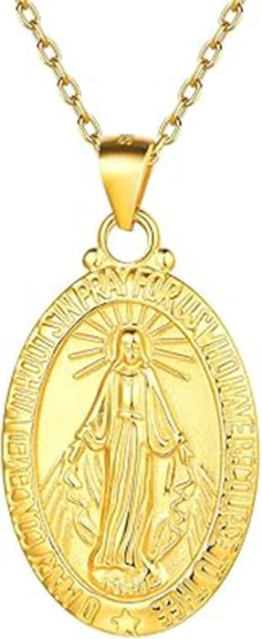Julia Store 18K Gold Plated Stainless Steel Personalized Virgin Mary Religious Christian Jewelry Oval Medal Catholic Orthodox Christian Coin Pendant Necklace Protection Religious Amulet Jewelry