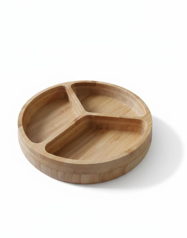 Spaceshoop Premium Round Bamboo Divided Plate – 3-Compartment Natural Wooden Serving Tray, Eco-Friendly Design, 1 Piece, Beige, Small