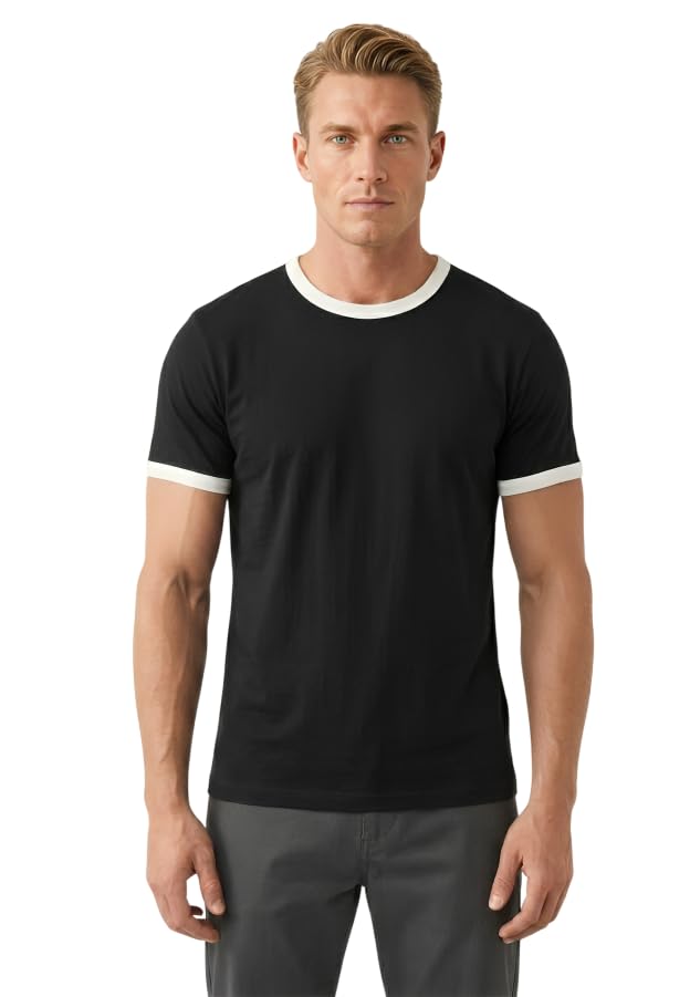 Ringer T Men's Ringer T Shirt, 100% Cotton, Contrast Collar and Sleeves, Slim Fit T-Shirt, Casual and Formal