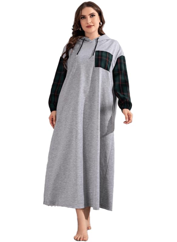 Plus Size Casual Petite Dress with Plaid Sleeves and Front Pocket - Summer Milton - (Casual Maxi Dress/House Dress)