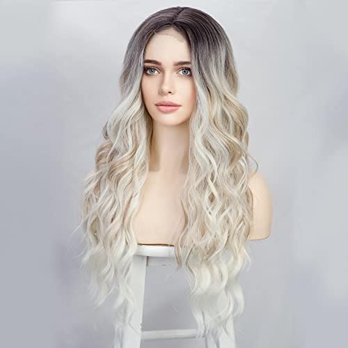 ECIF Ombre Blonde Wigs For Women Long Wave Blonde Synthetic Curly Wig Dark Roots Lace Hairline Middle Part Heat Resistant Fiber 24 Inch