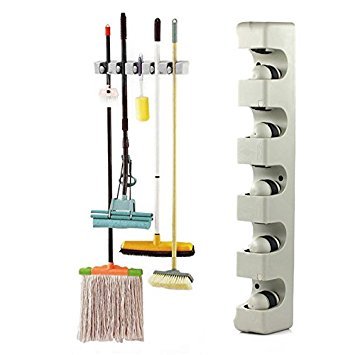 ECVV 5 Position 6 Hooks Wall Mounted Mop Broom Holder Hanger Kitchen Shelf Storage Holder Garage Storage