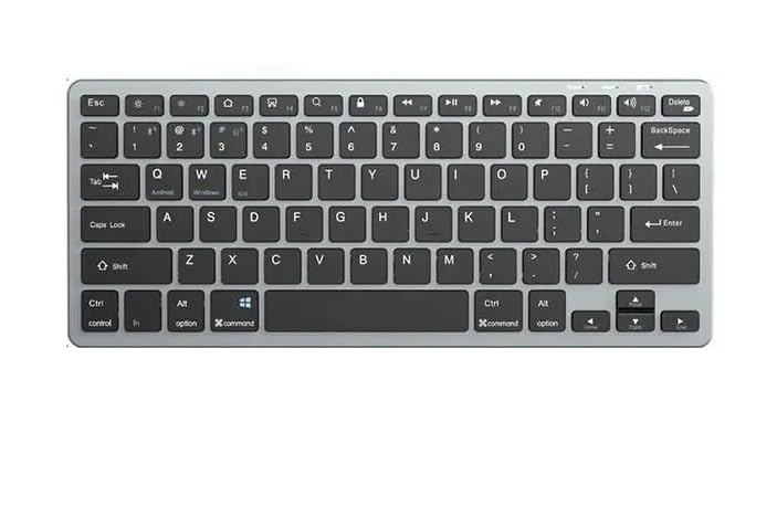 Rechargeable Ultra-thin Bluetooth Wireless Keyboard (AR/EN) – Silent Click – 3 Multi-Device (2.4G / BT1/ BT2) -10M Distance – USB Receiver for Win. / Mac/Android | Gray