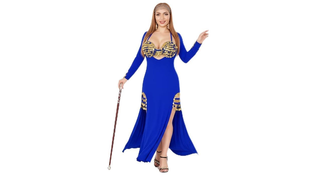 JAZZEEL Coin Embellished Galabeya Dress, Stretch Fabric with Gold Sequin Bra Design and Side Slits, One Piece Home Wear and Party Outfit for Women, Elegant Design for Occasions and Shows