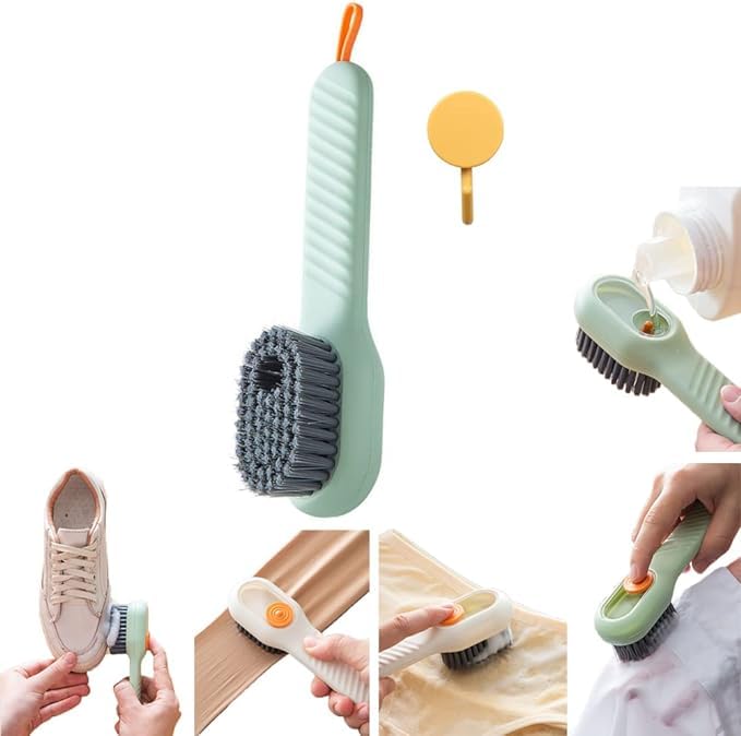 Automatic Liquid Adding Cleaning Brush, Multifunctional Liquid Shoe Brush, Household Soft Bristle Cleaning Brush, Press Type, for Clothes and Shoes. (with Hook Up) (Green)
