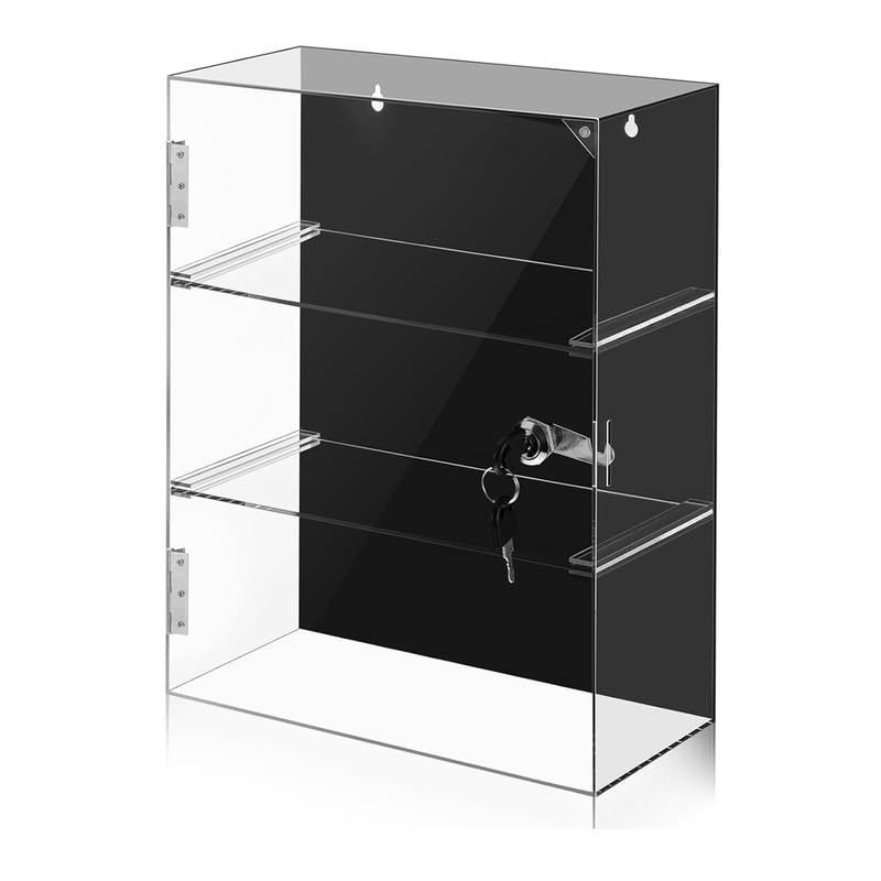 Best Media Acrylic Display Case with Lock and Key, Countertop Showcase Display Cabinet Storage Box for Retail Store – Black – Removable 3 Tier – 30 × 15 × 39.9