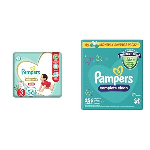 Pampers Premium Extra Care Pants, Size 3, 6-11kg, with lotion with aloe vera, 56 diapers. (Pack may vary) +Wipes