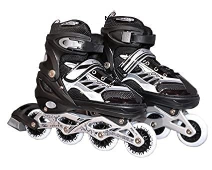 REWOP Roller Skates Adjustable Inline Skating Shoes for Boys Kids & Girls, 7 to 15 Years Unisex Outdoor Skating Shoes Roller Blades PU Strong Wheels Aluminium with LED Flash Light on Wheels (Black)