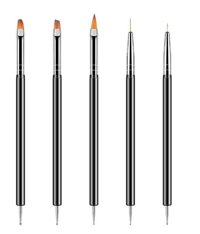 5PCS Nail Art Brushes Set, Nail Dotting Tools, Double-End Nail Art Tools, Professional Nail Art Brushes Kit, Line Pen Painting Brushes-black hand with white hair