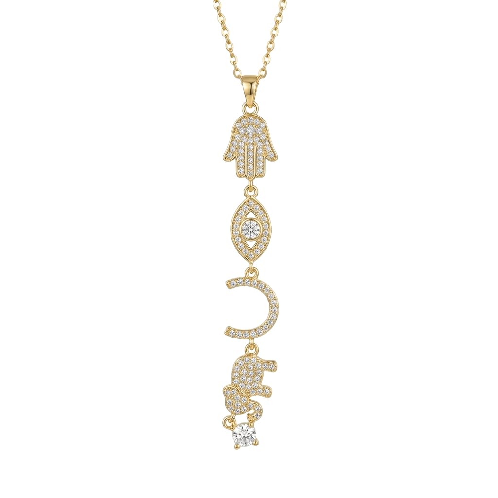 Royal Multi Symbols "Five and Khamisa" Necklace | Gold Plated Zircon Drop | Fatima Hand with Heart and Stars | Luxury Jewelry & Protection Gift for Women | Stainless Steel