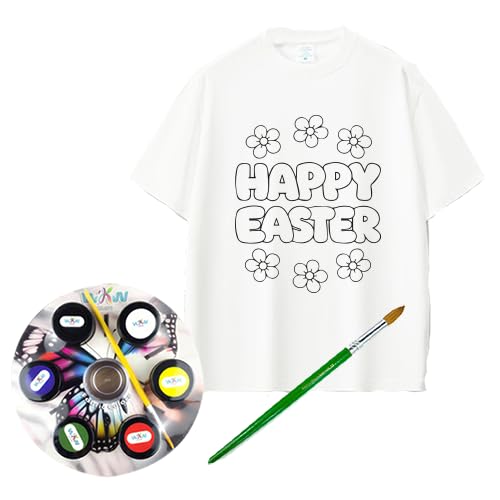 White T-Shirt with Fabric Paints and Brush Easter Theme Size (6-9Y)