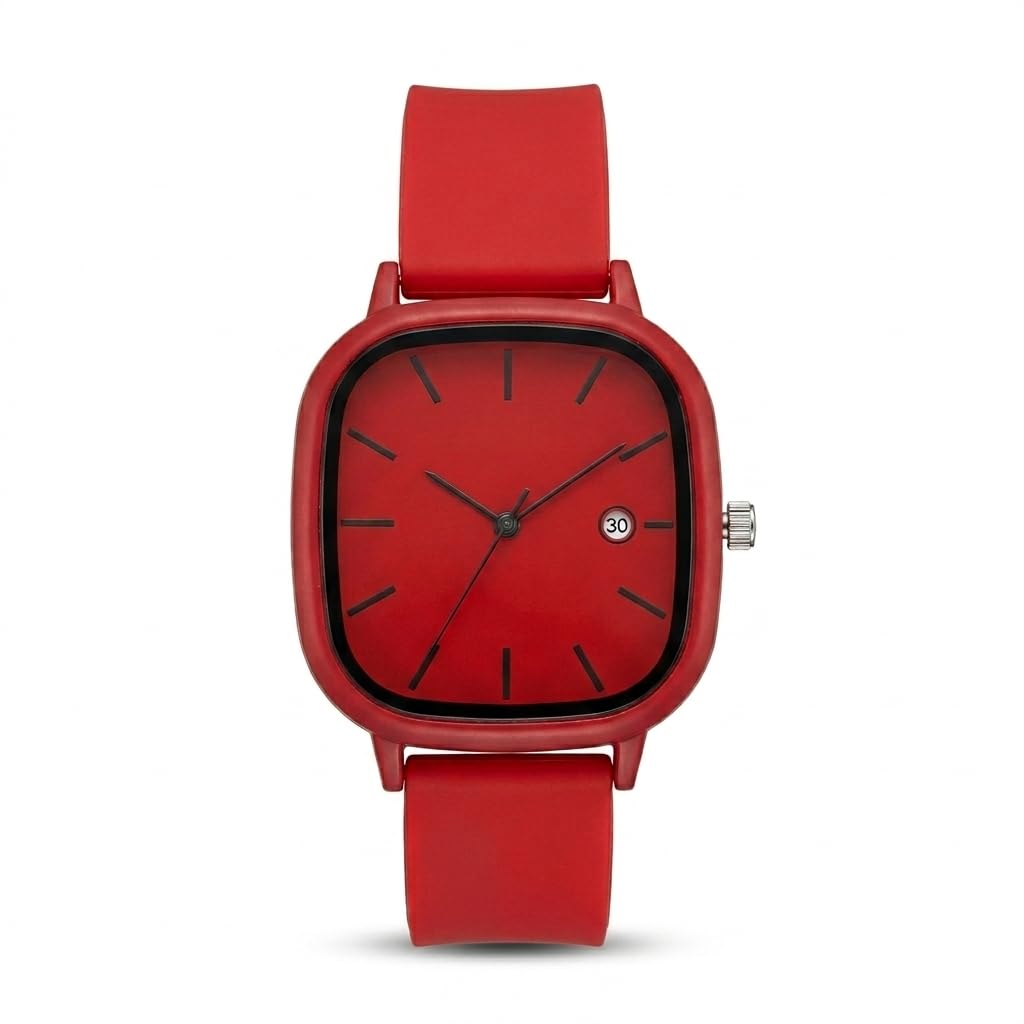 Fashion Unisex Quartz Wrist Watch - Simple Square Design with Red and Black Dial and Soft Silicone Strap - Daily Use with Date Display