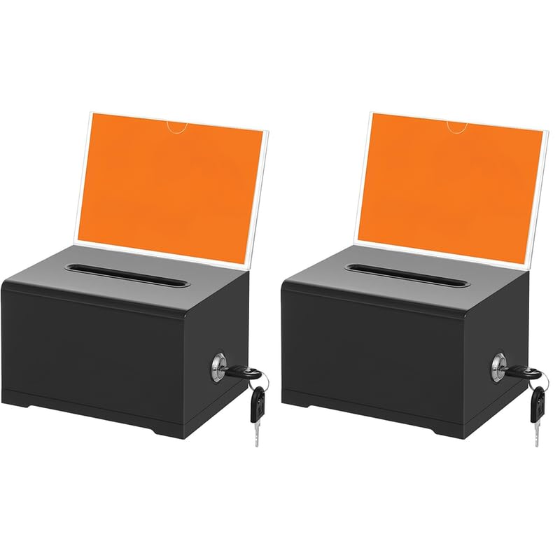 Best Media Donation Box with Lock and Key, Acrylic Suggestion Box with Slot and Sign Holder for Fundraising, Voting, Raffle, Tip Jar – Black – 2 Pack – 15.7 × 11.7 × 10.2
