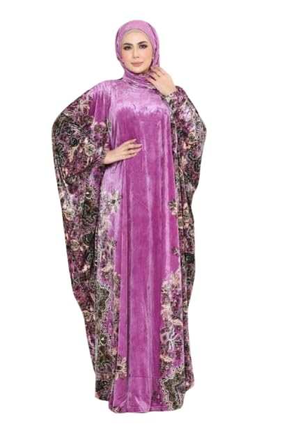 Luxury Velvet Dress Up Butterfly Outwear Abaya with Digital Patterns, Black and Purple