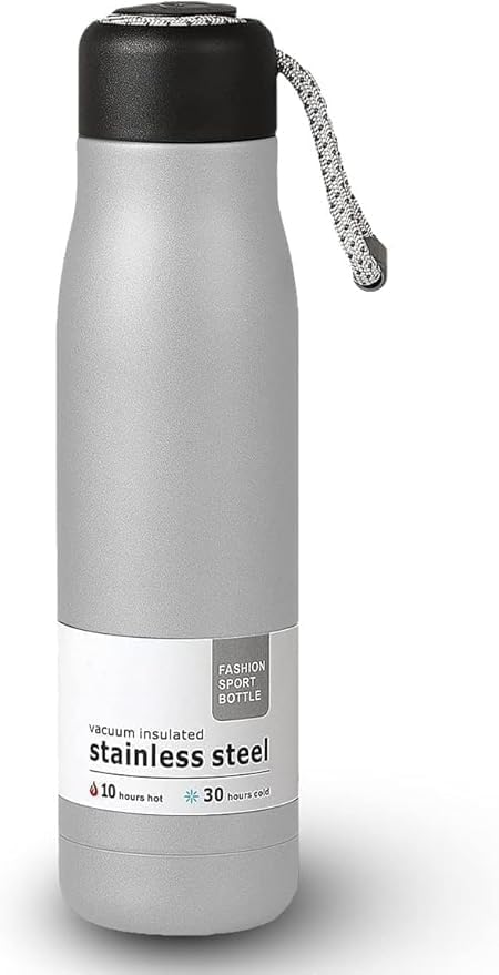 Vacuum Insulated Water Bottle & Flask with Portable Strap Lid - 500ml, Double Walled 304 Stainless Steel for Home, School, Office, University, Gym, and More, (Multicolor). (Matt Grey)