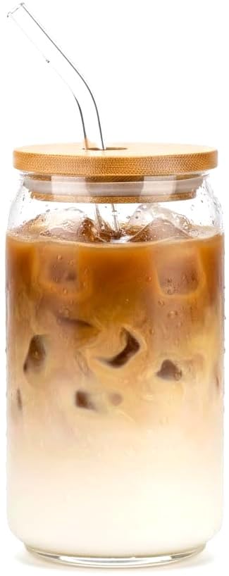 Ice Coffee 500ml Tempered Glass Tumbler with Bamboo Lid and Clear Glass Straw - Modern Cold Drink Mug