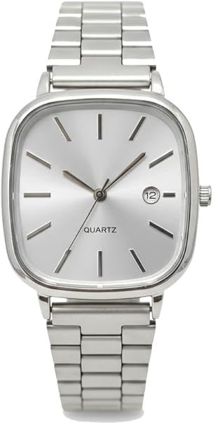 Classic Fashion Black Square Frame Quartz Wrist Watch with Metal Strap for Men Women (Silver)