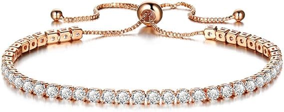 White Gold Plated/Rose Gold Plated Cubic Zirconia Adjustable Tennis Bracelet for Women and Girls (Gold)
