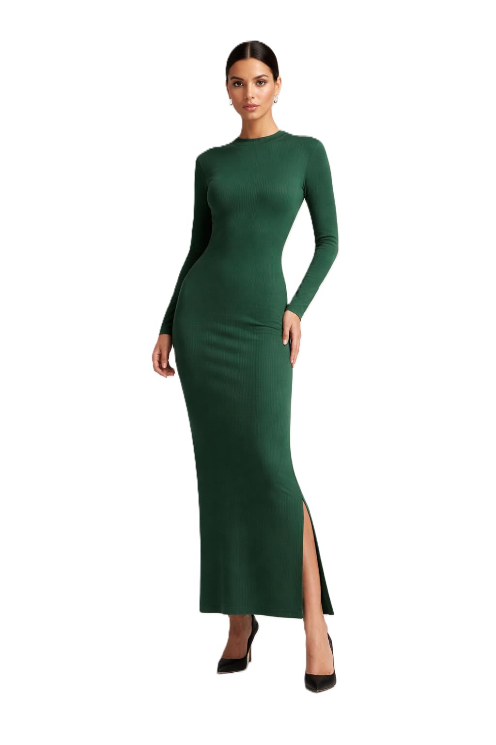 Women's Long Sleeve Ribbed Side Slit Slim Fit Round Neck Lycra Elastic Long Dress
