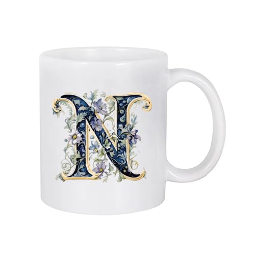 White Mug with floral Letter (N) Design