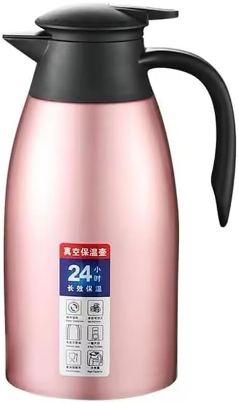2L 304 Stainless Steel Thermal Carafe - Double Wall Vacuum Insulated Dallah for Coffee & Tea - Hot and Cold Beverage Container with Ergonomic Handle and Airtight Lid (Pink)