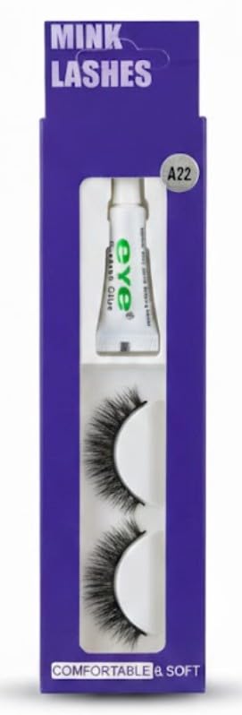 1 Pair Handmade Natural Soft False Eyelashes Fake Eye Lash Glue Included | Long-lasting | Voluminous Eyelashes | Dramatic Lash Look | Easy Application (1 Pair Eyelash + Glue)-A22