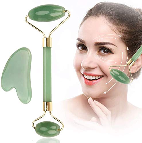 HEEPDD Jade Roller, Natural Double Head Green Aventurine Jade Stone Roller and Scrapping Plate for Slimming Firming Remove Wrinkles