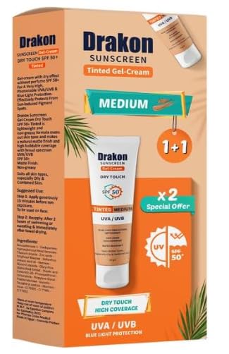 Drakon Sunscreen Gel-Cream Dry touch Tinted Medium SPF 50 (1+1) Promopack 60 gm+60 gm -UVA & UVB - Water Resistant & Antioxidant - All Skin Types Especially for Oily & Combined Skin