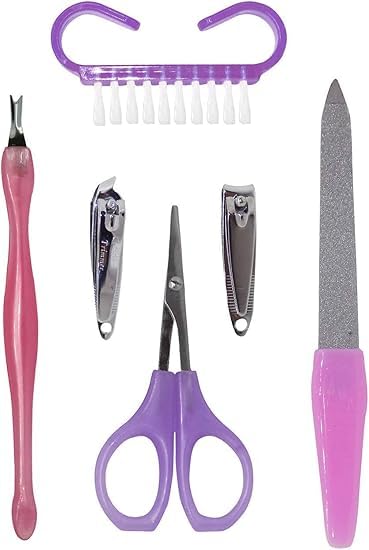 6 Pieces Nail Care Tools Set Including Scissors, File, Nail Clipper, Cuticle Pusher, Pink and Purple