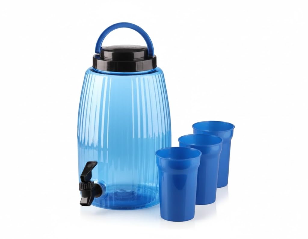 High Quality Plastic Water and Juice Dispenser with Spout - Blue, 4700ml, 16.5 x 16.5 x 28 cm, Includes 3 Cups