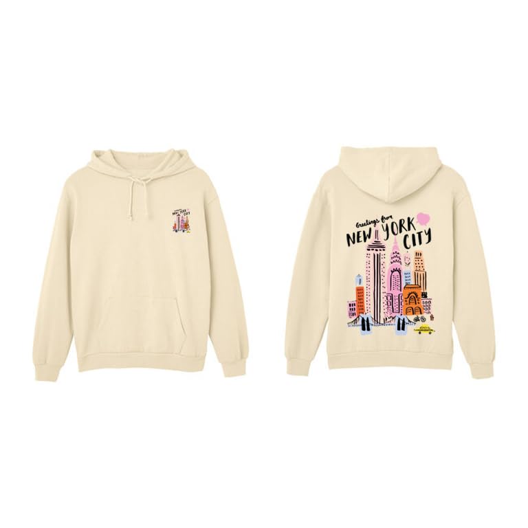 New York City Graphic Hoodie,Beige Front and Back Print, Pullover Sweatshirt with Pocket SIZE (3-6Y)