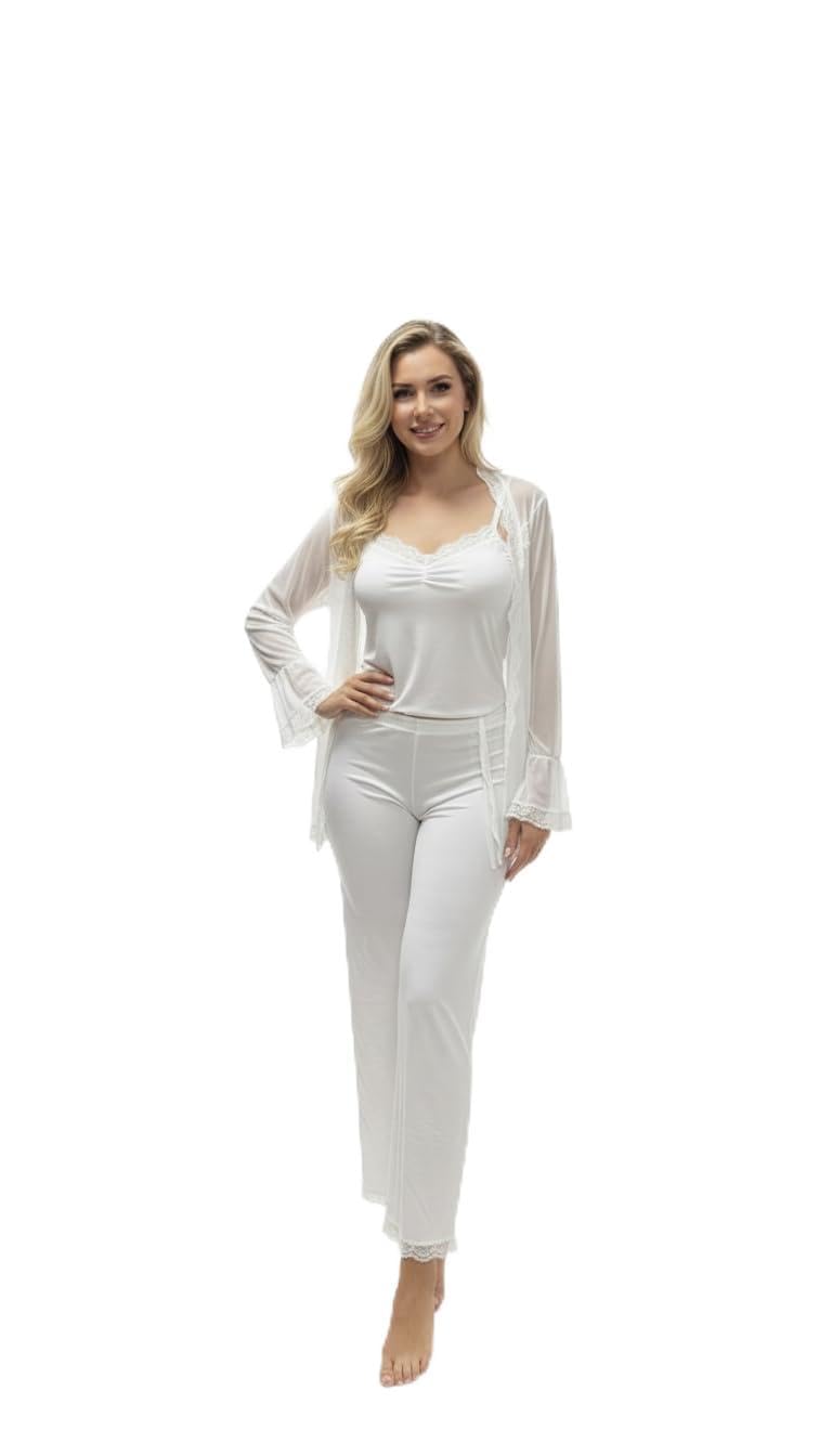 MANIKAN Women's 3-Piece Pajama Set with Lace Trim, BLACK, Long Sleeve Top, Pants and Robe