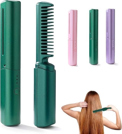 volura Portable Cordless Hair Straightener Travel Mini Hair Straightener Rechargeable Hair Straightener Curler Straightener 2 in 1 Mini Hair Straightener Brush with 3 Levels, Portable