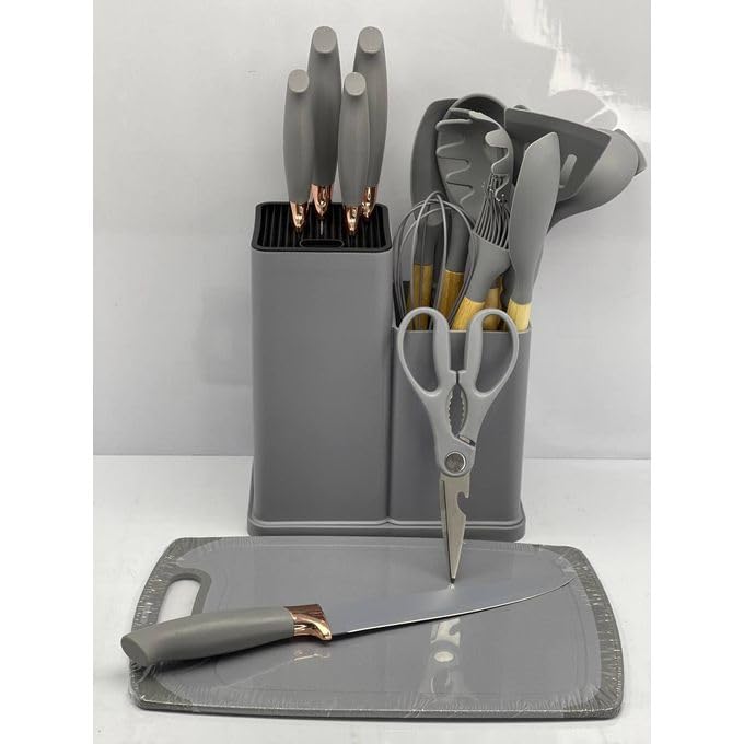 Silicon And Wood Kitchen Utensil Set Of 18 Pieces With Holder Knife And Cutting Board - Grey