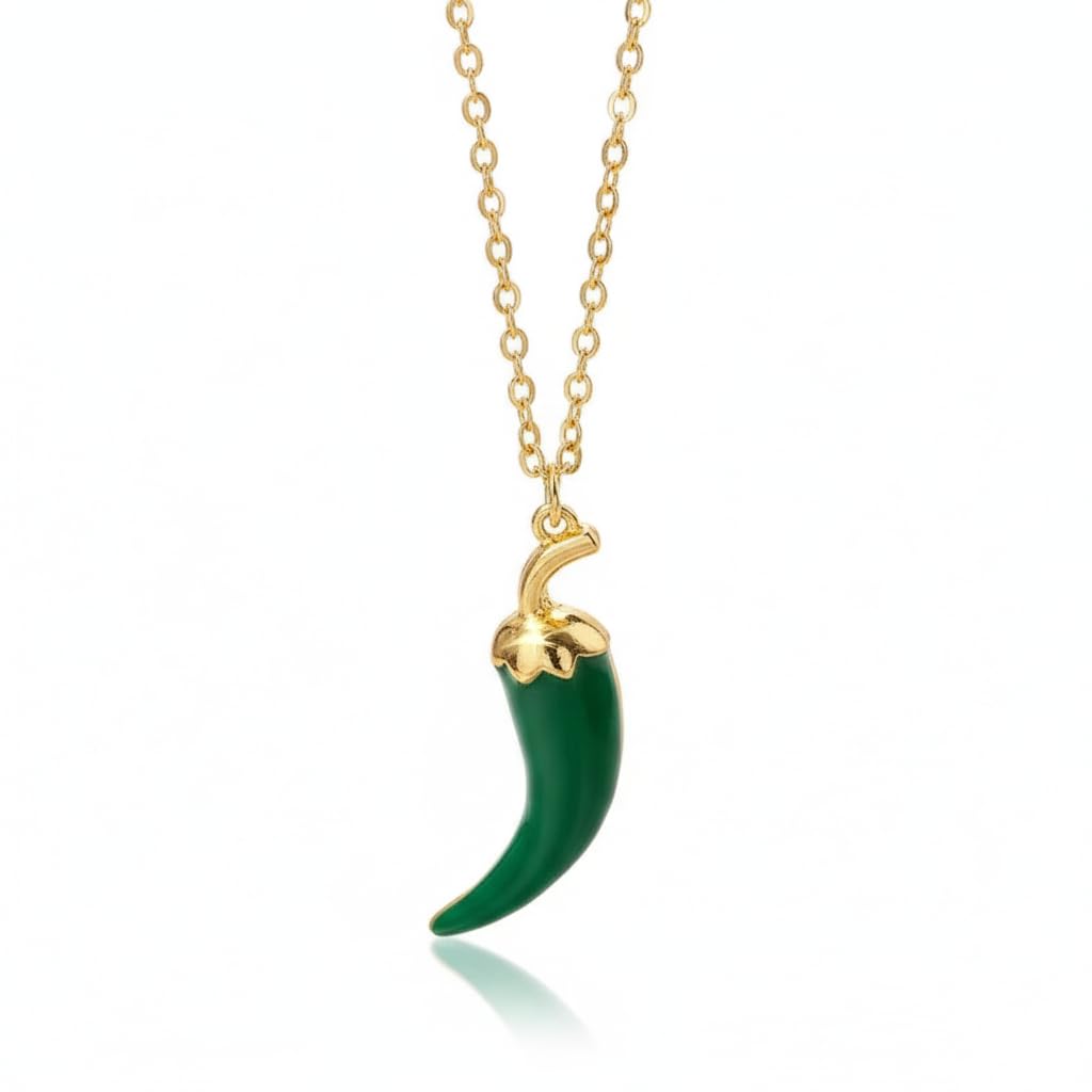 Green Chilli Chilli Necklace Bold and Trendy - All Stainless Steel Gold Plated Rust Resistant Choker Chain - Unique Women Accessory and Gift for Girls.