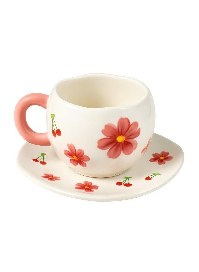 Porcelain Coffee & Tea Cup with Saucer – White Cup with Red Floral & Cherry Pattern – Elegant Pink Handle – Microwave & Dishwasher Safe – Ideal for Serving, Home & Kitchen Use