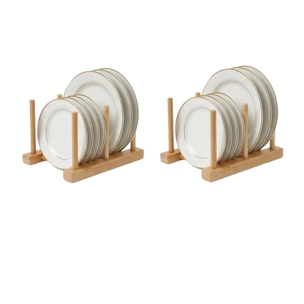 Bamboo Wooden Plate Racks Dish Stand Holder Vertical Drainer Kitchen Cabinet Organizer for Dish, Pots, Lids, Bowls, Cups, and Cutting Boards and Books(2 Packs)