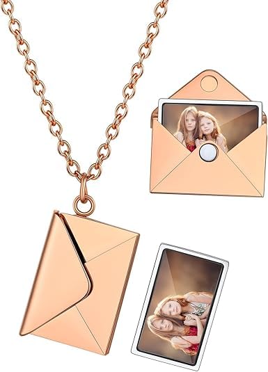 fashion mania Personalized Locket Necklace Envelope Love Letter Necklaces with Photo Message Engraved for Women Men Stainless Steel Pendant Necklace Jewelry Gifts for Couple Family Friend
