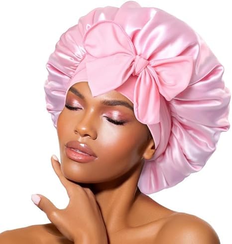 gold stone Satin Hat for Sleeping, Satin Cap for Hair Charlotte Locks Curly Adjustable with Long Elastic for Women and Men, Pink