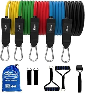 Smart Sport BASIC SERIES Resistance Band Set-Resistance Bands, Handles, Ankle Straps, Door Anchor, Carry Bag Heavy-Duty Exercise Bands-Patented Clips and Snap Reduction Tech (10-200 LBS Set Assorted)