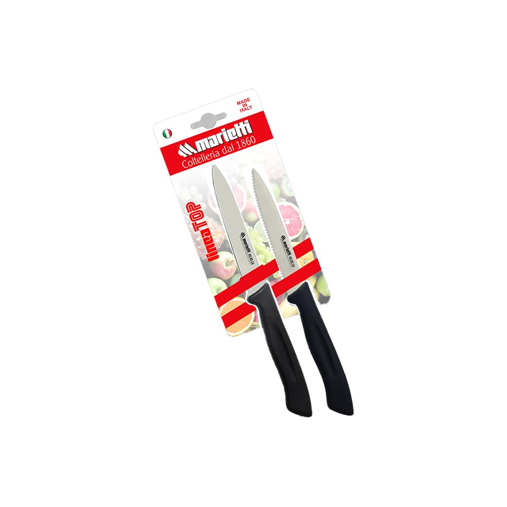 Marietti 2-Piece Black Utility Knife Set – Serrated & Flat Blades 11cm – Italian Stainless Steel for Vegetables & Paring, Rust-Resistant, Eco-Friendly