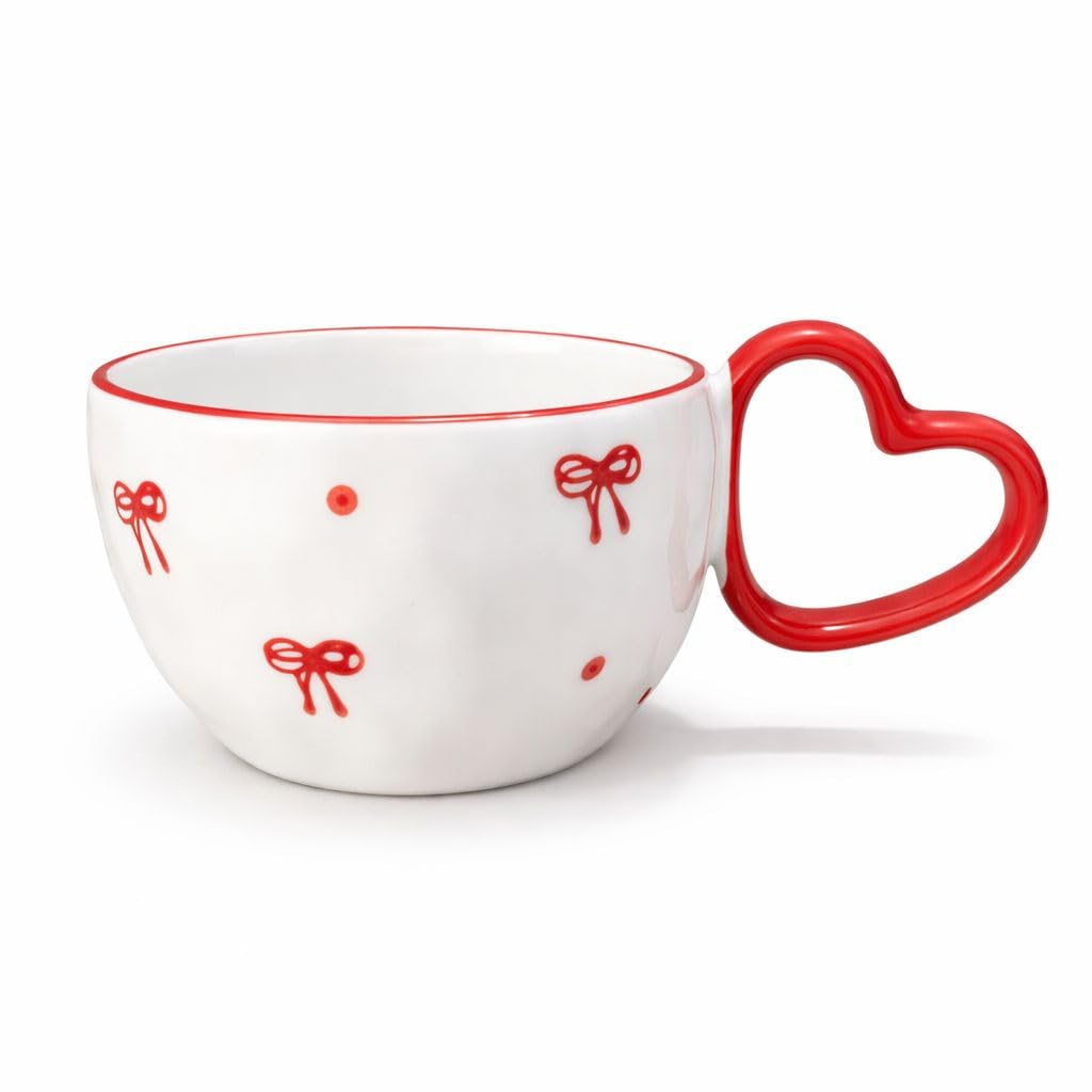 Cute Ceramic Mug with Heart-Shaped Handle, Aesthetic Coffee & Tea Cup, Cherry and Bow Design, Small Gift for Girls & Women (One size, Bow)