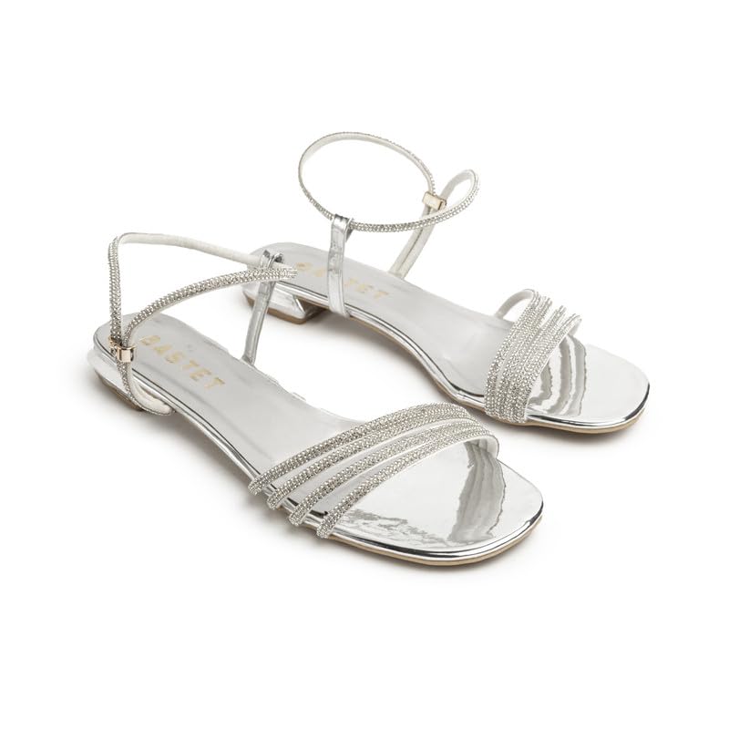 Elegant flat evening sandal ? crystal straps ? metalic finish - size