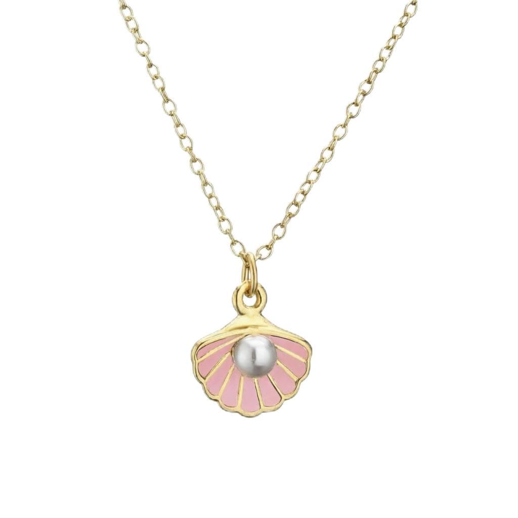 Pink Shell Necklace - Enamel Sea Shell Pearl Pendant Jewelry for Women Summer Beach Bohemian Style Vacation Gift